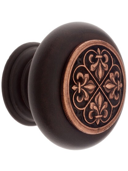 1 1/2 inch Diameter Fleur Dis Lis Knob in Dark Walnut/Antique Copper.